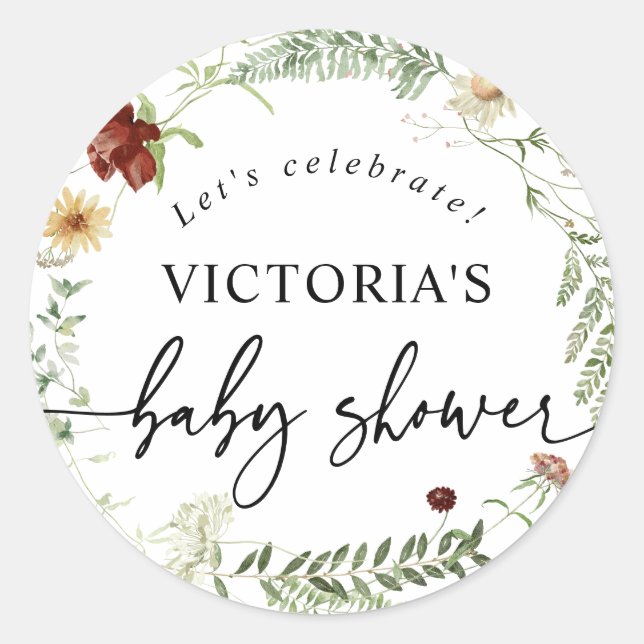 Sticker Rond Elégant Boho Fleurs sauvages Baby shower Enveloppe (Devant)