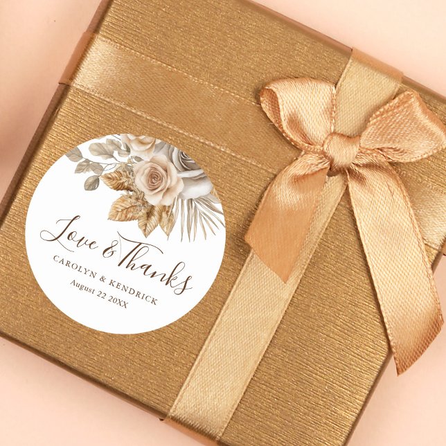 Sticker Rond Elegant Boho Neutral Floral Amour & Merci Mariage (Créateur téléchargé)