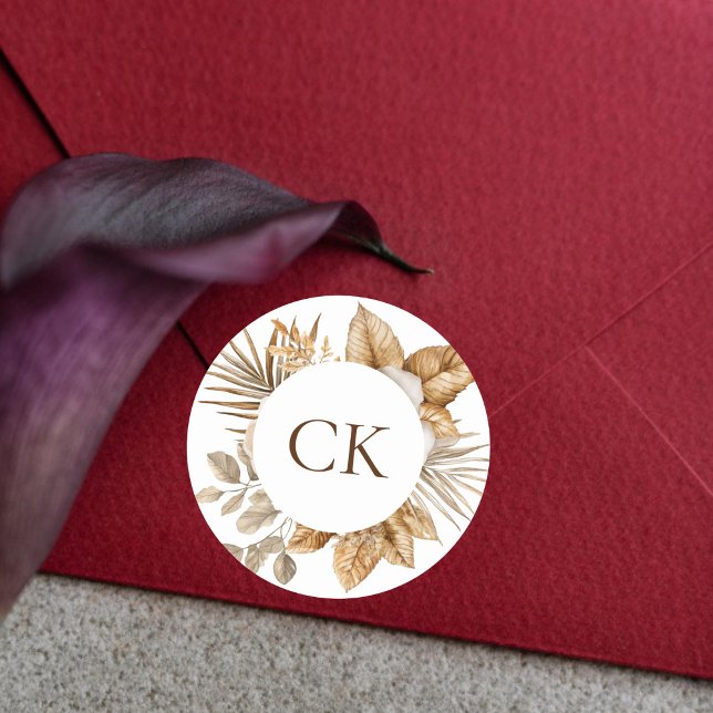 Sticker Rond Elégant Boho Neutre Floral Monogramme Mariage Fave (Créateur téléchargé)