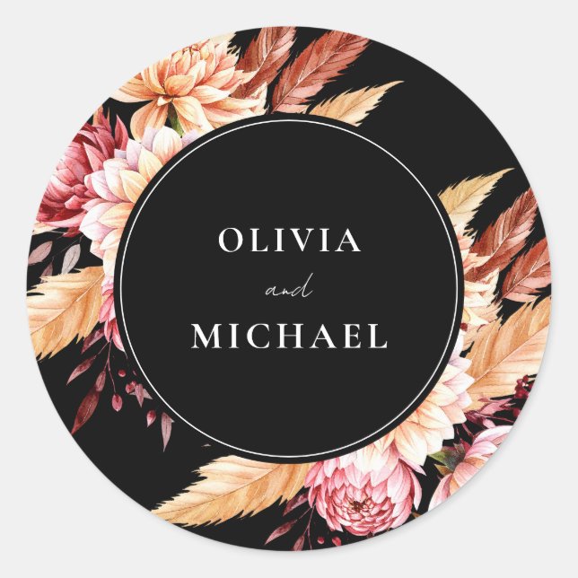 Sticker Rond Élégant Boho noir Chic Floral Mariage (Devant)