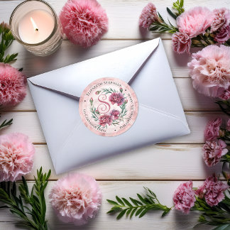 Sticker Rond Elegant Boho Pink Carnations Floral Return Address