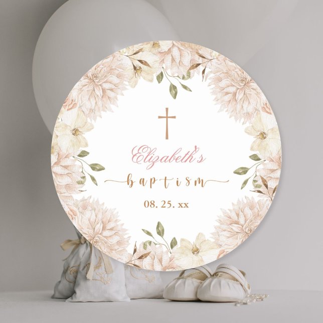 Sticker Rond Élégant Boho rose Baptême floral (Créateur téléchargé)