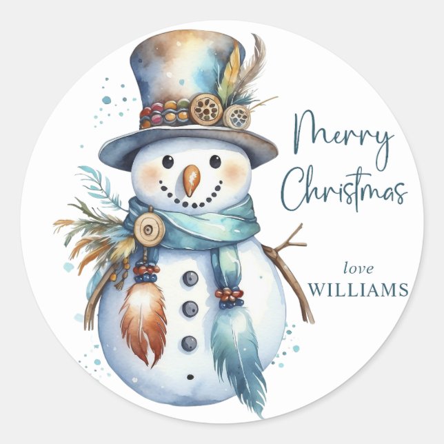 Sticker Rond Élégant Boho Snowman Joyeux Noël (Devant)