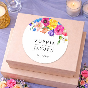 Sticker Rond Élégant Bold Coloré Fleurs aquarelle mariage