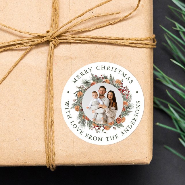 Sticker Rond Elegant Botanical Citrus Wreath Photo Christmas (Créateur téléchargé)