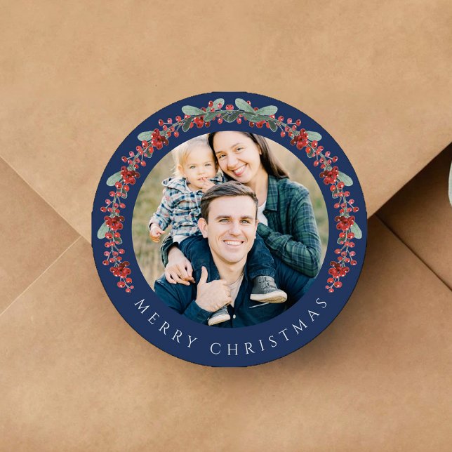 Sticker Rond Elegant Botanical Wreath Photo Christmas (Elegant Botanical Wreath Photo Christmas Classic Round Sticker)