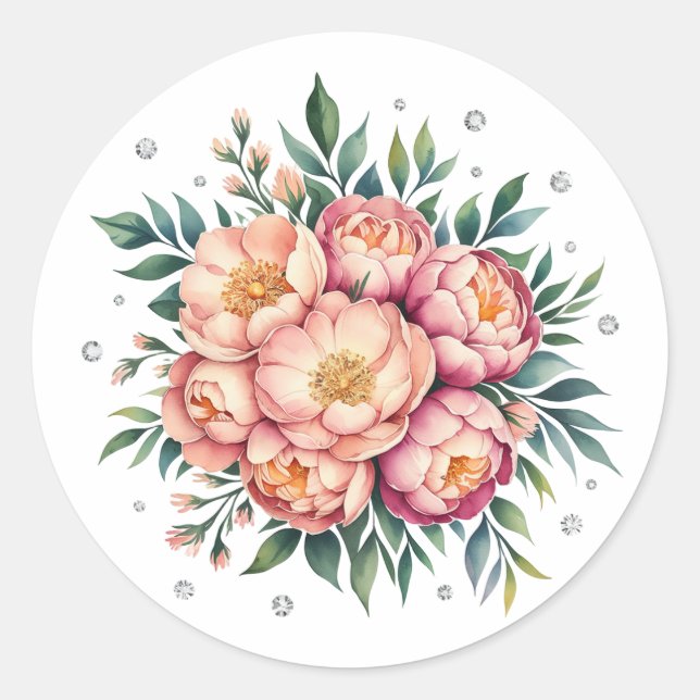Sticker Rond Elégant bouquet de pêche avec Mariage de diamants (Devant)