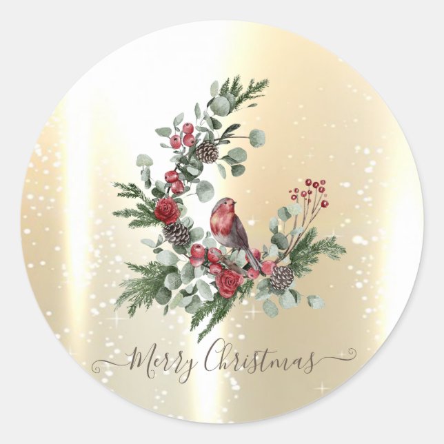 Sticker Rond Elégant brillant Faux Gold, Wreath Red Cardinal (Devant)