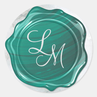 Sticker Rond Élégant brillant Turquoise Monogramme de cire vert