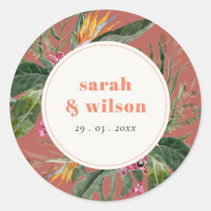 Sticker Rond Élégant Brown Blush Boho Tropical Floral Mariage