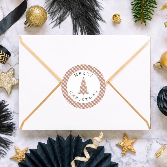Sticker Rond Elegant Brown Gingham Plaid Pine Merry Christmas (Créateur téléchargé)
