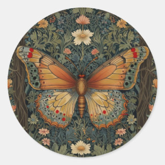 Sticker Rond Élégant buho rétro papillon botanique verdure