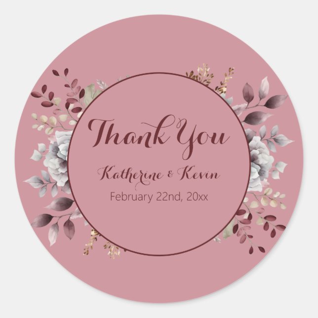 Sticker Rond Elégant Burgandy et Dusty Rose Mariage floral (Devant)