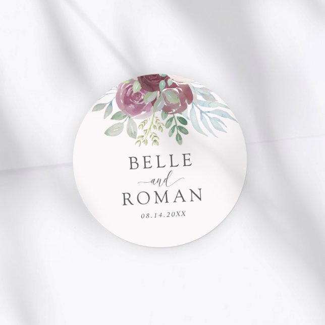 Sticker Rond Elegant Burgundy Rose Watercolor Wedding   (Créateur téléchargé)