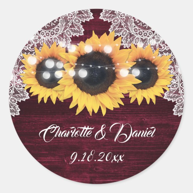 Sticker Rond Elegant Burgundy Wood Lace Sunflower Wedding (Devant)