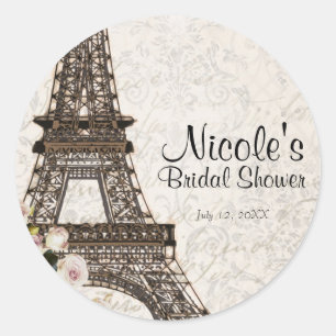 Sticker Rond Élégant Cadeau Chic Paris Tour Eiffel & Roses