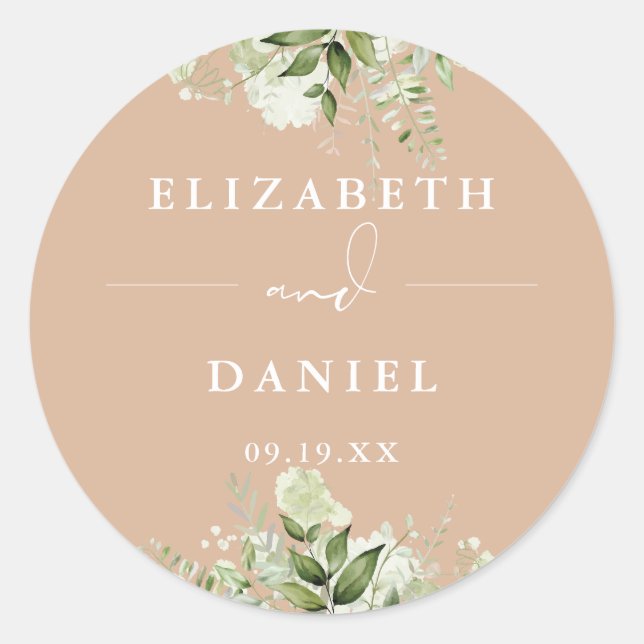 Sticker Rond Élégant cadeau de mariage Floral Greenery Tan (Devant)