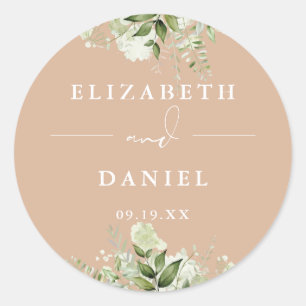 Sticker Rond Élégant cadeau de mariage Floral Greenery Tan