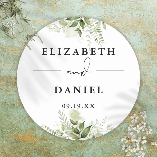 Sticker Rond Élégant cadeau de mariage moderne à la verdure flo (Floral Greenery Elegant Modern Wedding Favor Classic Round Sticker)