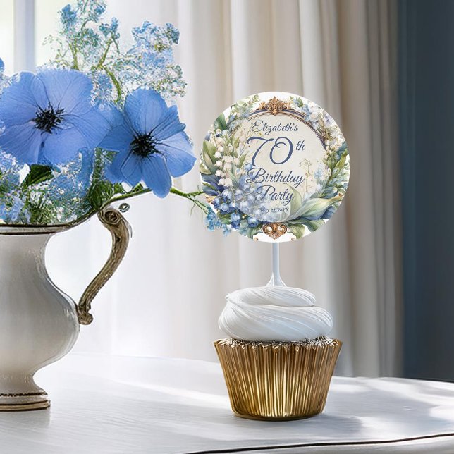 Sticker Rond Elégant cadre fleuri baroque 70e anniversaire (Elegant Baroque Floral Frame 70th Birthday Party Classic Round Sticker)