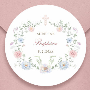 Sticker Rond Élégant cadre floral Baptême