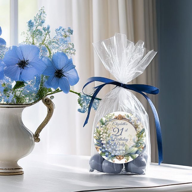 Sticker Rond Elégant cadre floral baroque 21ème anniversaire (Elegant Baroque Floral Frame 21st Birthday Party Thank You Favor Classic Round Sticker)