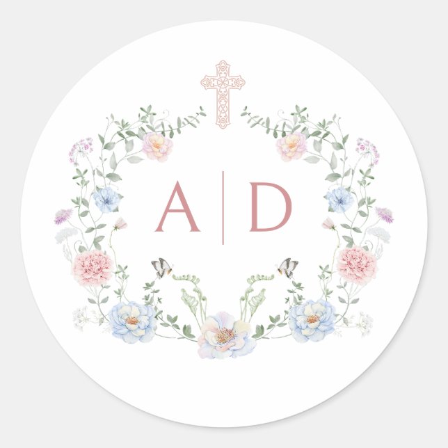 Sticker Rond Élégant cadre floral Monogrammes Mariages religieu (Devant)
