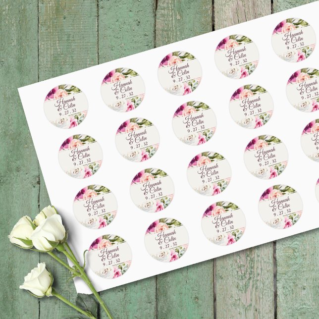 Sticker Rond Elégant cadre floral rose bleu violet Peach Noms (Créateur téléchargé)