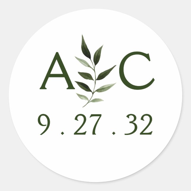 Sticker Rond Élégant Cadres minimaux Feuille vert Olive Initial (Devant)
