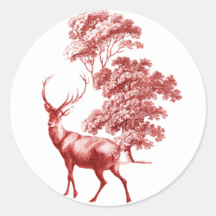 Sticker Rond Elégant Cerf de Toile Rouge Vintage en Forêt