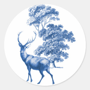 Sticker Rond Elégant Cerf de Toile Vintage Bleu en Forêt