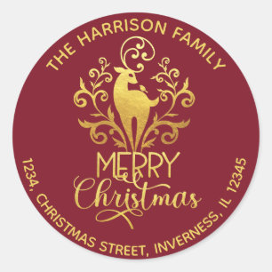 Sticker Rond Elégant Cerf Or Joyeux Noël Adresse Rouge