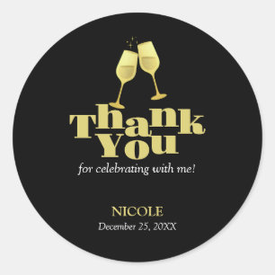 Sticker Rond Elégant Champagne d'or noir Merci d'anniversaire