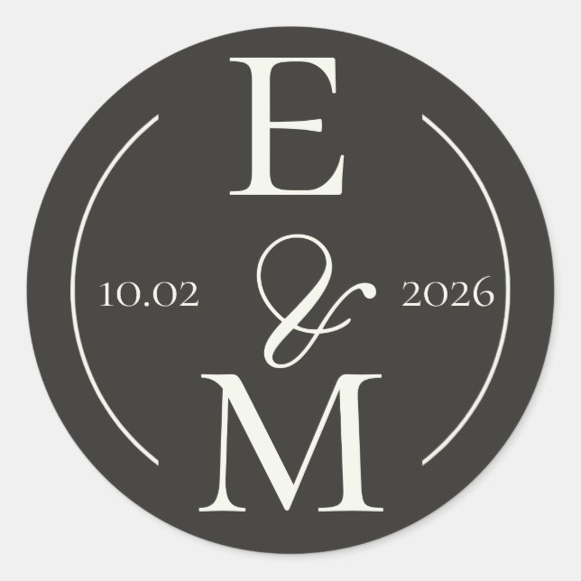 Sticker Rond Elegant Charcoal Modern Monogram Date Wedding (Devant)
