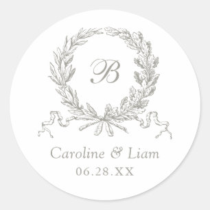 Sticker Rond Élégant chêne Olive Wreath Gris Mariage Monogramme