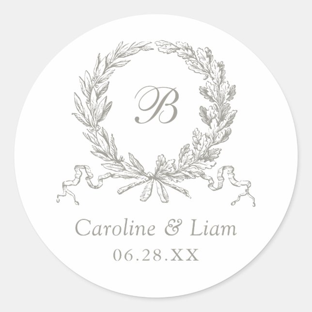 Sticker Rond Élégant chêne Olive Wreath Gris Mariage Monogramme (Devant)