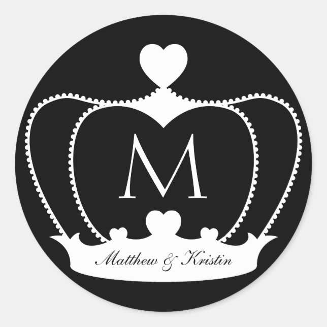 Sticker Rond Élégant chevalet de mariage B&W Monogram Crown (Devant)