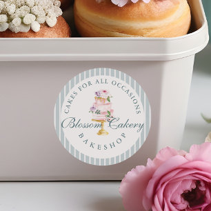 Sticker Rond Elégant & Chic Blue Aquarelle Floral Cake Bakery