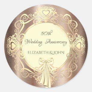 Sticker Rond Élégant Chic Ornement Cœur Doré, Ruban Anniversair