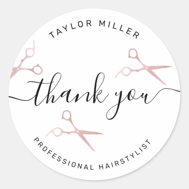 Sticker Rond Elégant chic rose ciseaux d'or coiffeuse (Devant)