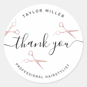Sticker Rond Elégant chic rose ciseaux d'or coiffeuse