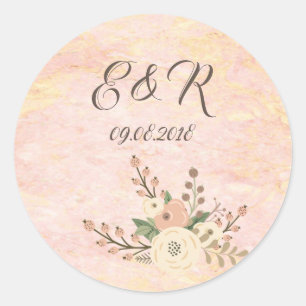 Sticker Rond Élégant Chic Rose Marbre Floral Mariage