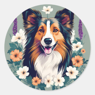 Sticker Rond Elégant Chien de Shetland avec Floral