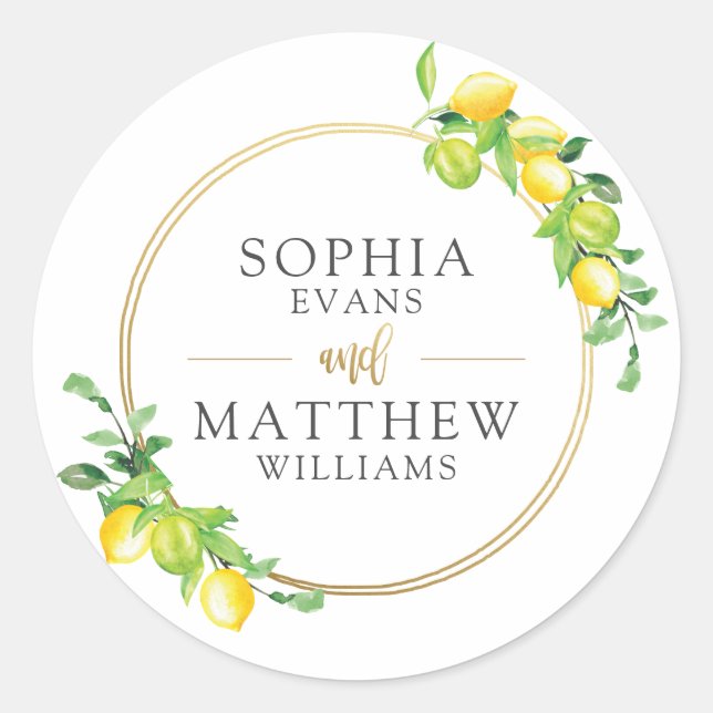 Sticker Rond Elégant Citrons Mariage Mariage Gold Frame Favoris (Devant)