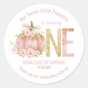 Sticker Rond Élégant Citrouille rose 1er anniversaire Favoriser
