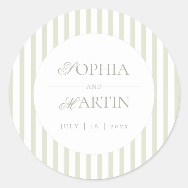 Sticker Rond Élégant Classique⎮Mariage Rayé Vert Sauge (Devant)