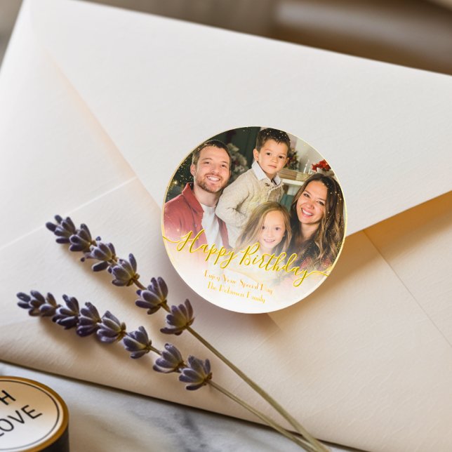 Sticker Rond Élégant classique moderne photo personnalisée blan (Créateur téléchargé)