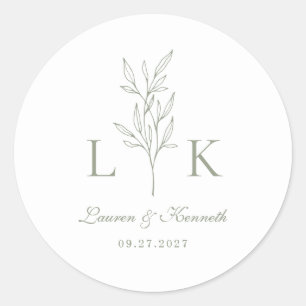 Sticker Rond Élégant Classique Monogramme de Feuille de Mariage