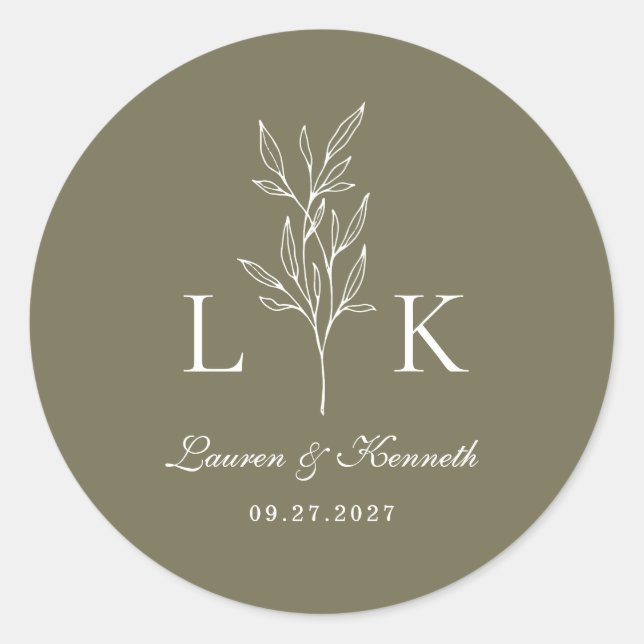 Sticker Rond Élégant Classique Monogramme de Feuille de Mariage (Devant)