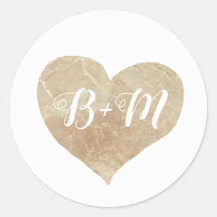 Sticker Rond élégant coeur en marbre beige avec monogramme